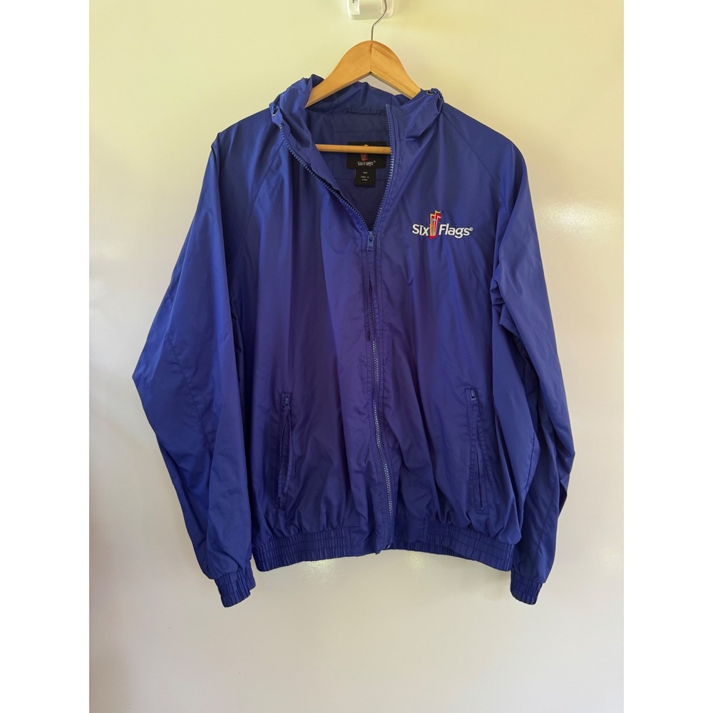 Six Flags Hooded Windbreaker Jacket Royal Blue Full Zip Mens Small‎ SF-268